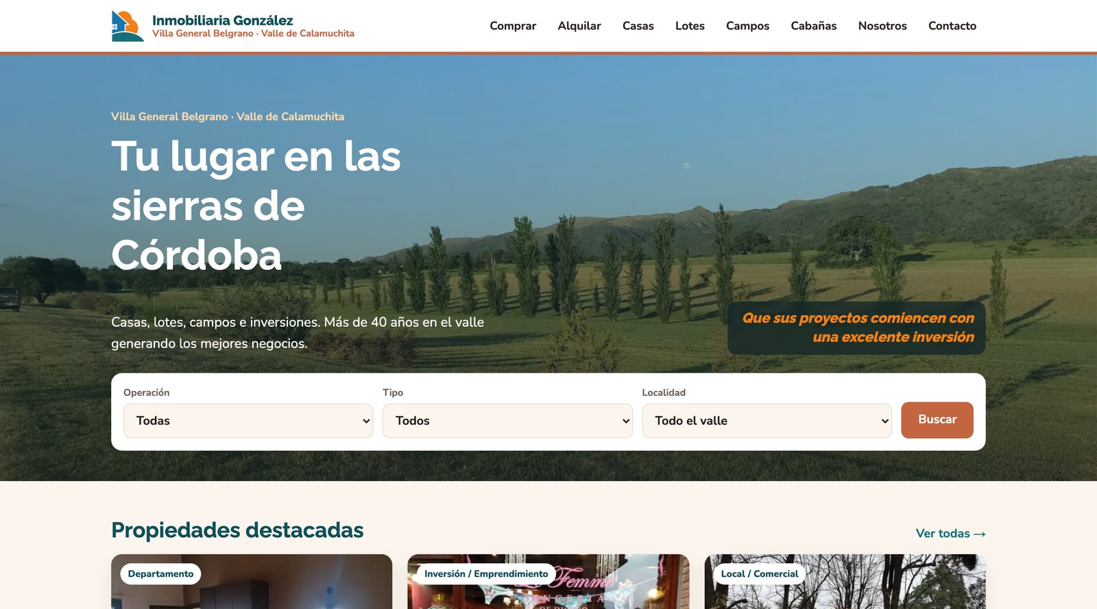 Portada de la web de Inmobiliaria González con el buscador de propiedades